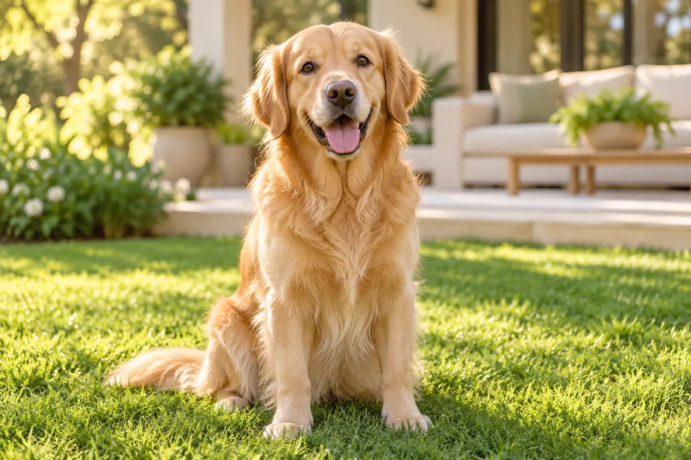 Golden retriever feliz em um jardim ensolarado