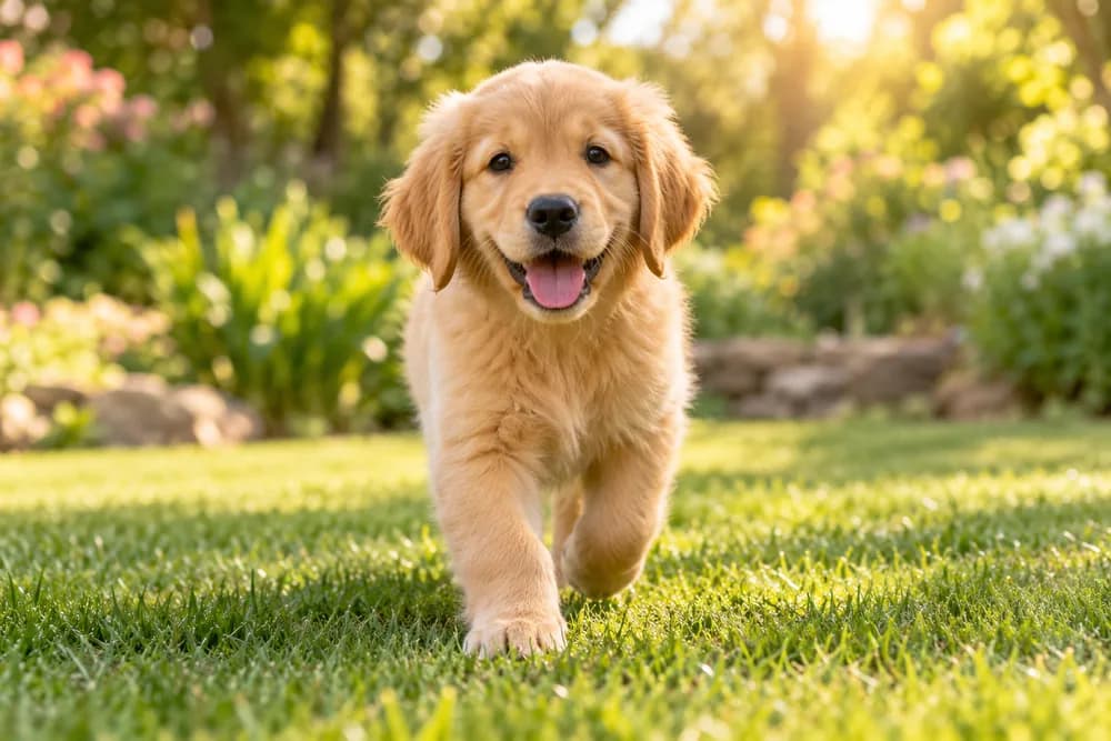 Filhote de golden retriever brincando no jardim